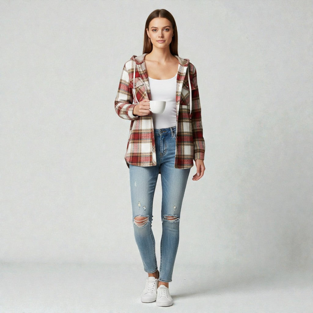 Checkered Shirt for Women with Hood and Button Placket
