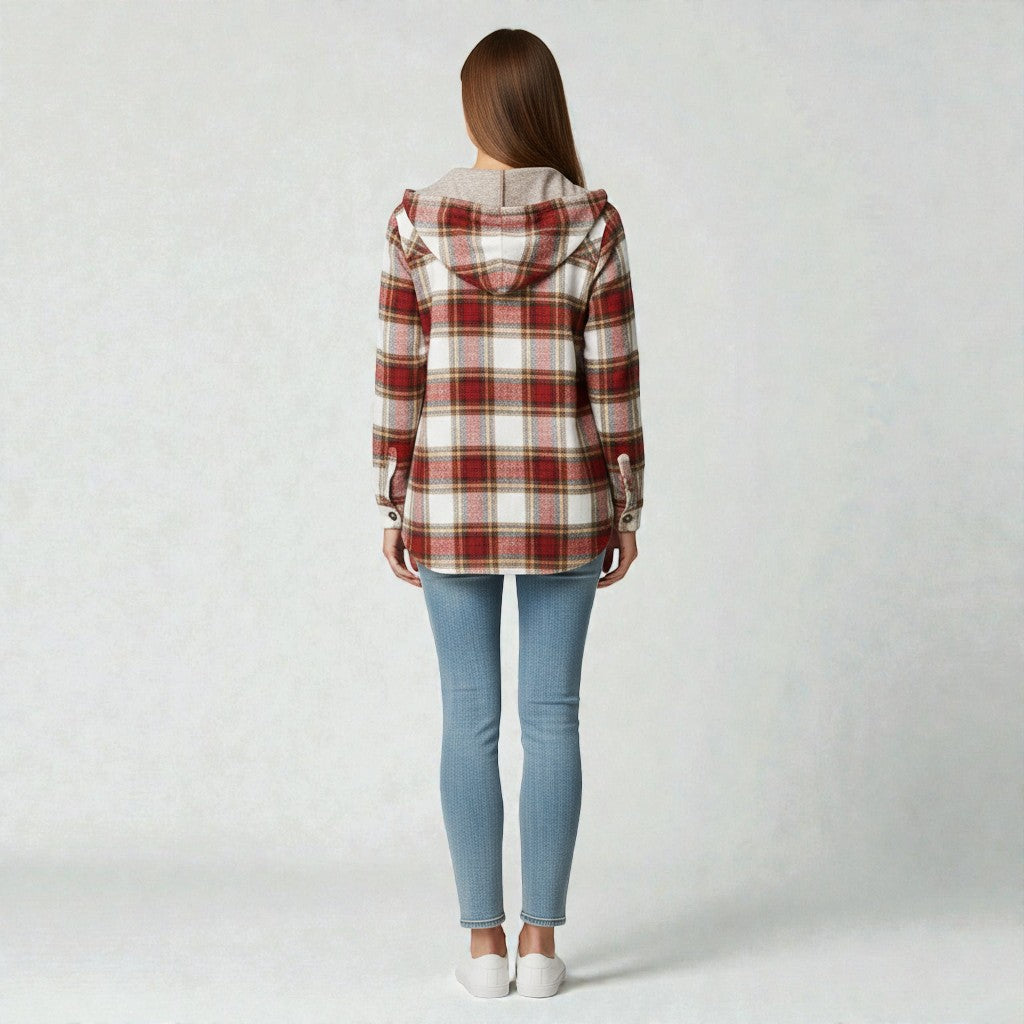 Checkered Shirt for Women with Hood and Button Placket